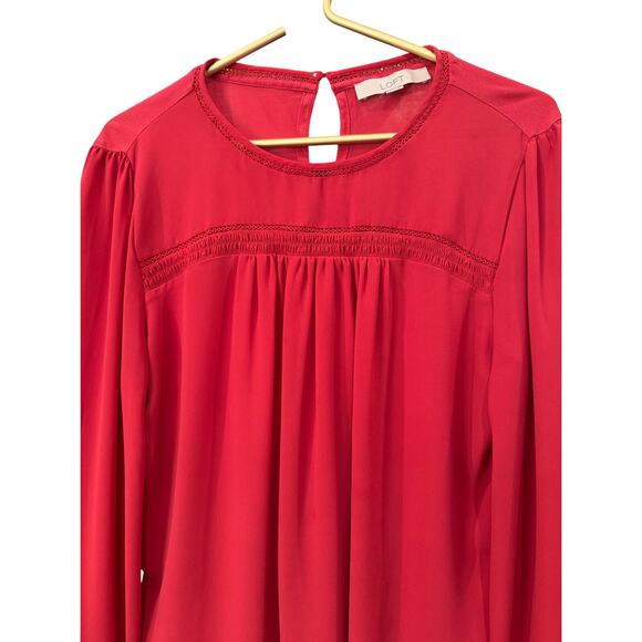 LOFT Pink Blouse Cutout Neckline Blouson Sleeves Shirred Bodice Size M EUC - Picture 3 of 7